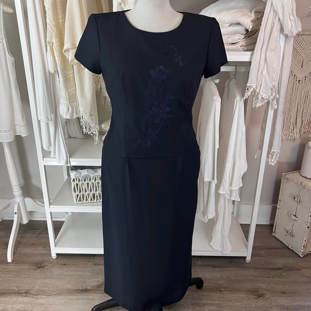Classic Navy Midi Dress with Subtle Floral Embroidery